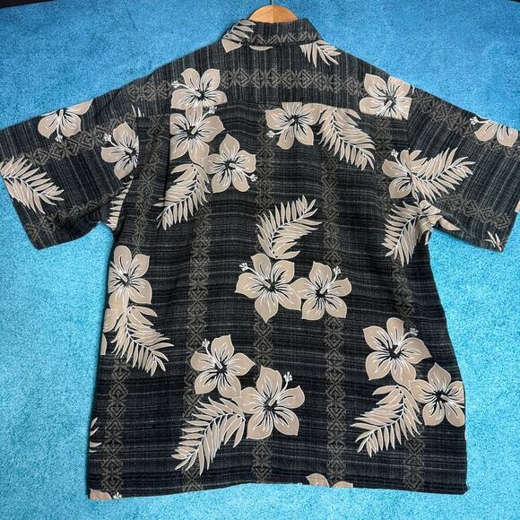Extreme Gear Mens L Hawaiian Shirt Gray Tan Floral 100% Poly Made in Korea - Picture 10 of 14